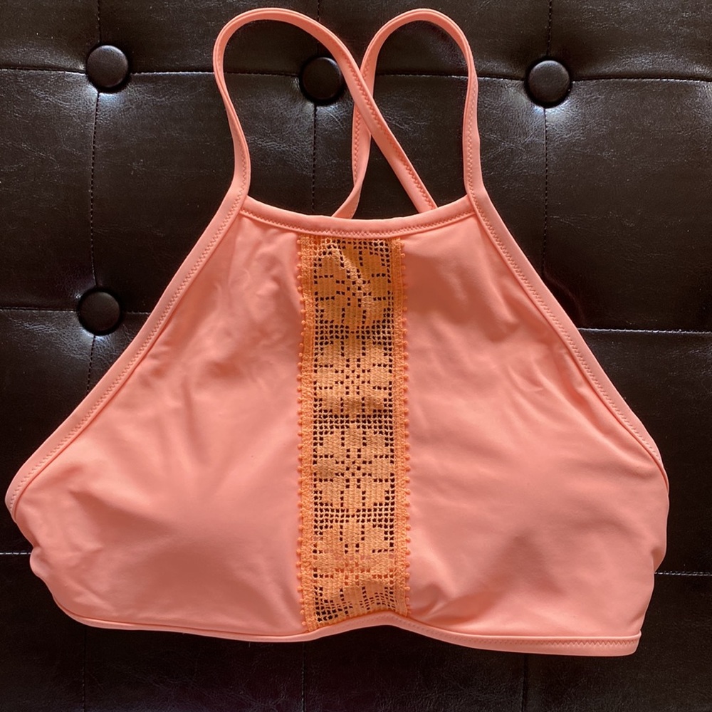 Aerie Neon Peach High Neck Womens Bikini Swim Top